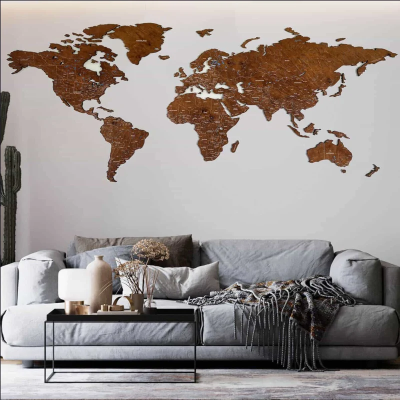Premium Weltkarte aus Holz Länder der Welt mit Flüssen und Städten Handgefertigte Wanddekoration 12mm Holzdekoration 7 große Elemente und Inseln 100% Sperrholz (200cm, Nuss)