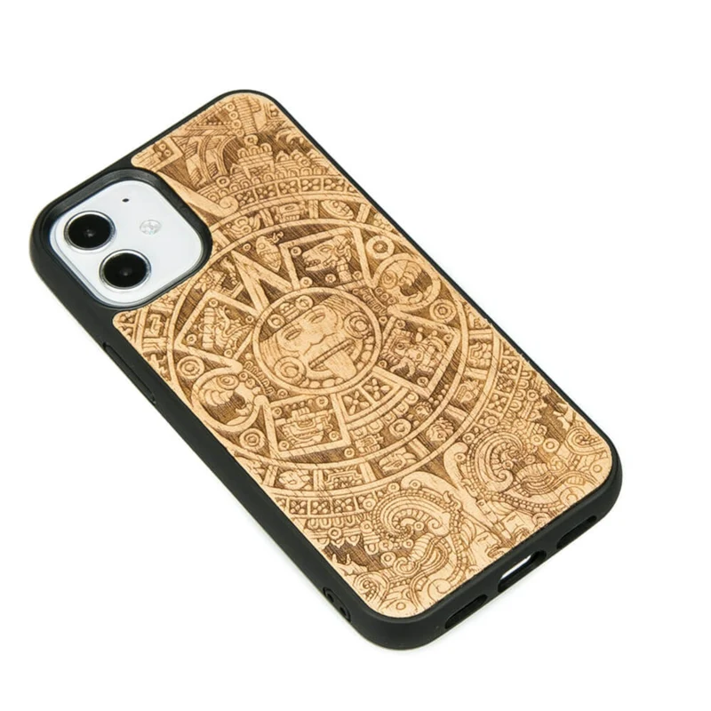 Bewood Handytasche Holzetui Kompatibel mit iPhone 12 Mini Schutzhülle Hergestellt aus Naturholz Präzisionsarbeit (Aztekenkalender / Aniegre)