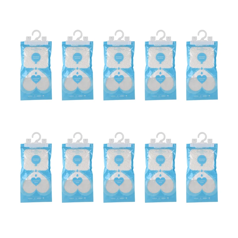 HOME SMART Hanging dehumidifier bag 220g*10 1.N.W: 220g Calcium chloride per bag 2. Without fragrance 3. White or blue hook+customized inner bag(Tymek)+blank outer bag 4.PET / PP 5. bag size:L30 x W16cm 6. G.W 250g